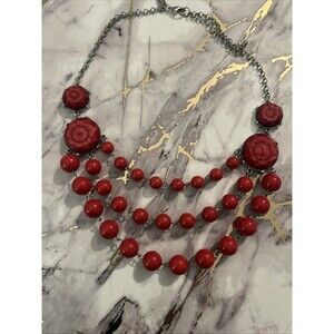 New York Brand Necklace 3 Strand Red Glass And Plastic Beaded Silver Tone Chain